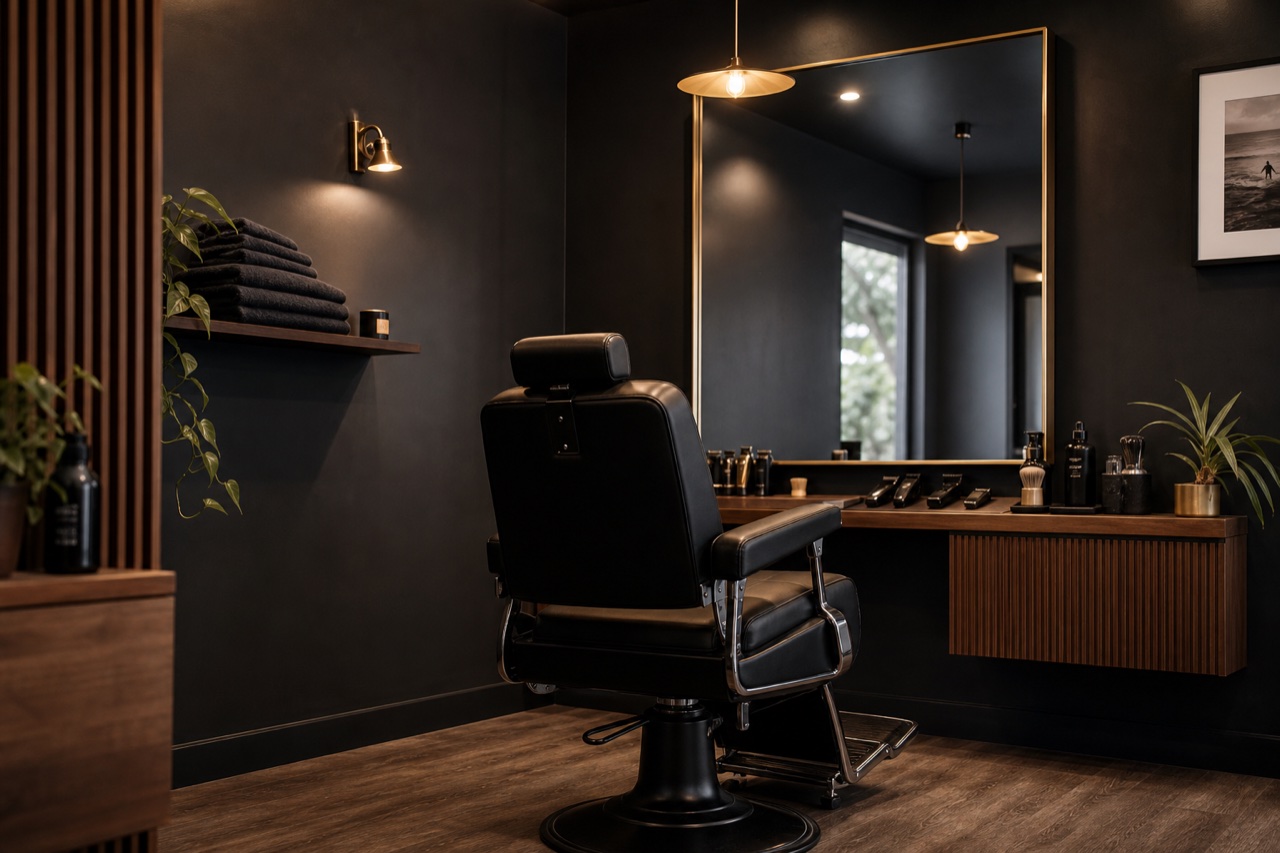 Private single-chair barber studio styled in FLOKI.AU black and gold