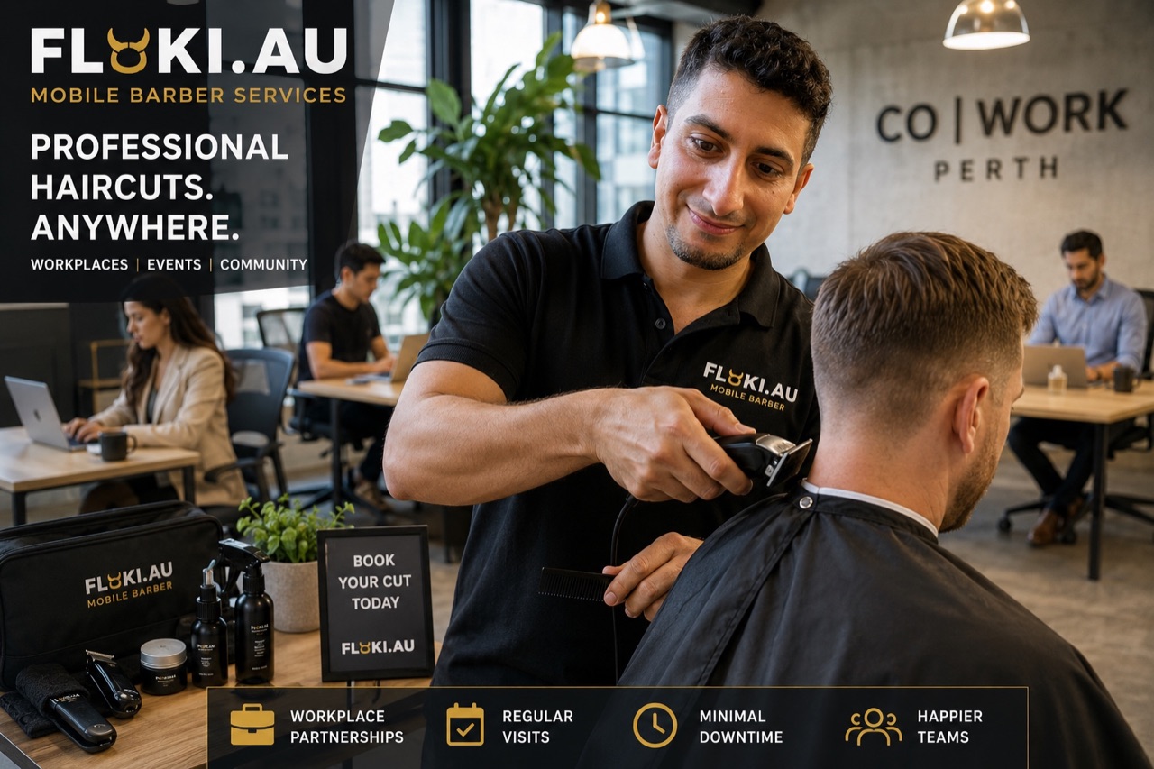 Floki mobile barber providing on-site grooming for co-working space members in Perth