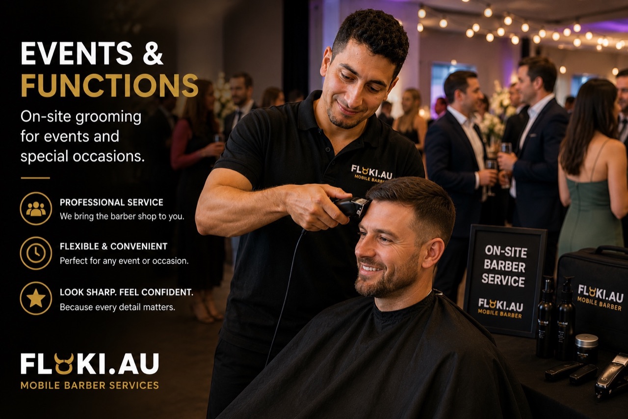 Floki mobile barber providing on-site grooming at an events and functions venue