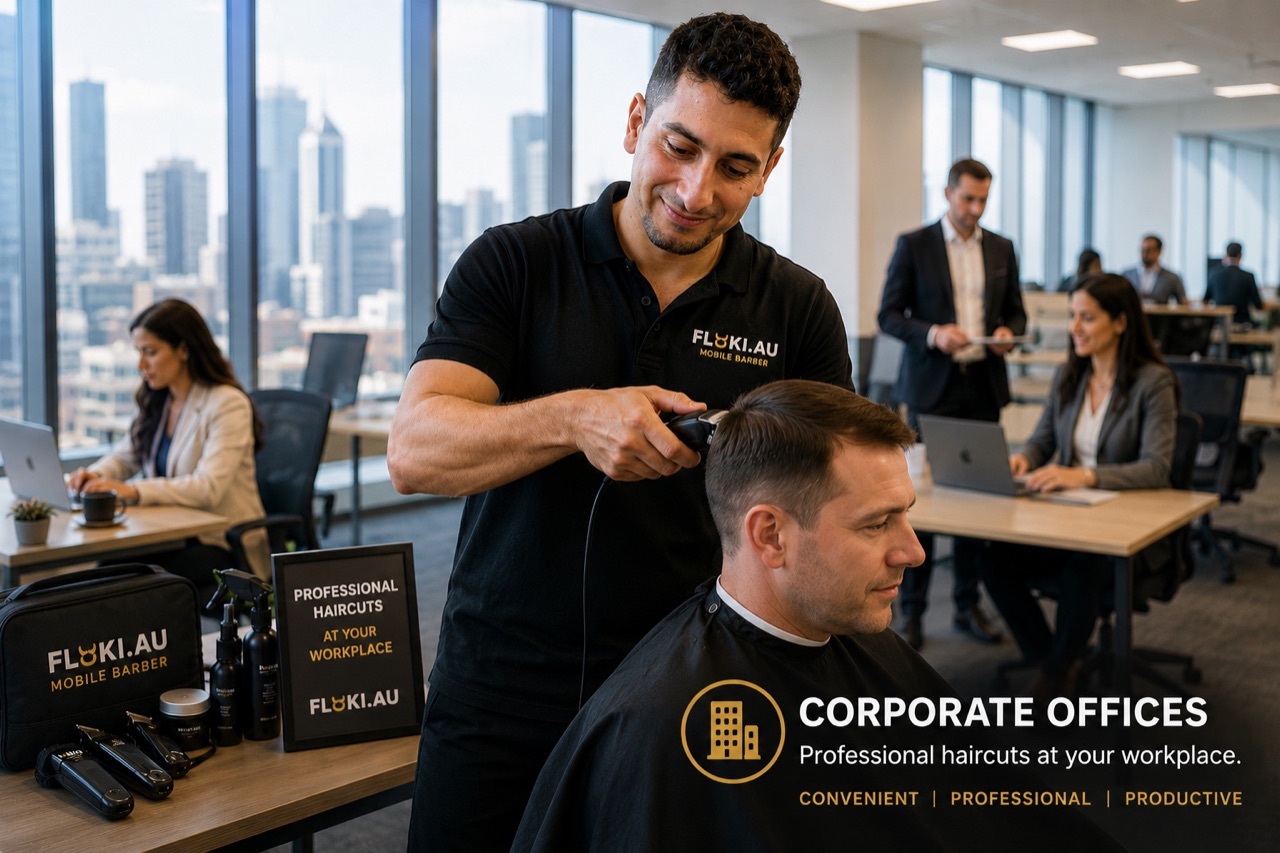 Floki workplace barber providing mobile office haircuts for corporate teams in Perth